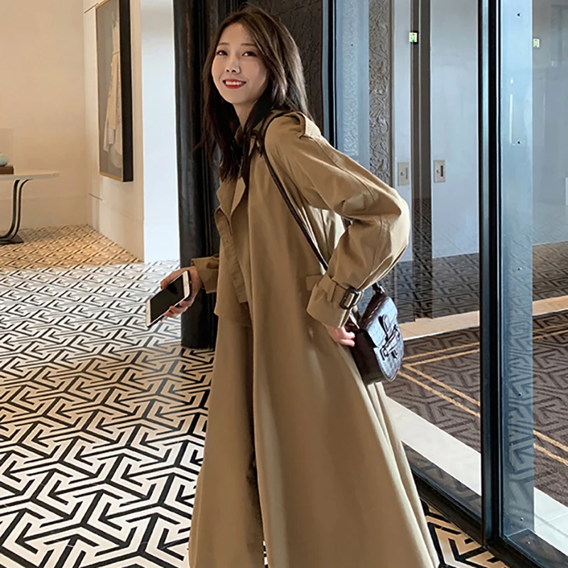 Women Trench Coat Autumn Casual Belt Waist Long Coat Turn Down Collar Long Sleeve Windbreaker Trench Fashion Outwear