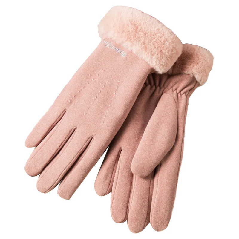 

Winter Gloves Windproof Outdoor Keep Warm Rex Rabbit Fur Brushed and Thick Pink Gloves Leather Gloves Fingerless