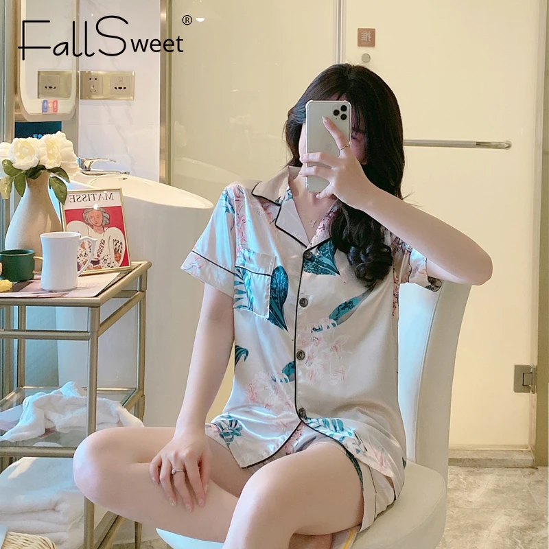 Женская шелковая атласная пижама FallSweet с короткими рукавами и отворотом