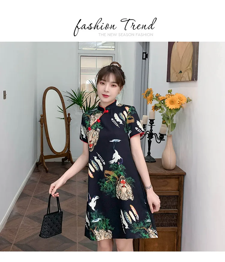 

2021 Summer Dress New Chinese Style Retro Print Fat Modified Cheongsam Skirt Loose Large Size Slim Short Sleeved Dress