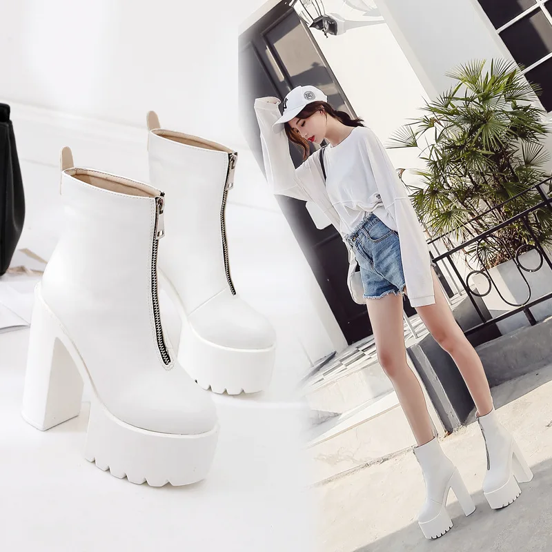 Черный белый цвет Женские ботильоны на платформе высоком каблуке женские