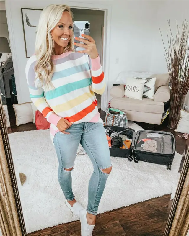 

Goowrom Women Pre-fall Long Sleeve Crew Neck Rainbow Striped Print Ladies Tops T-Shirt New Women Sweatshirt