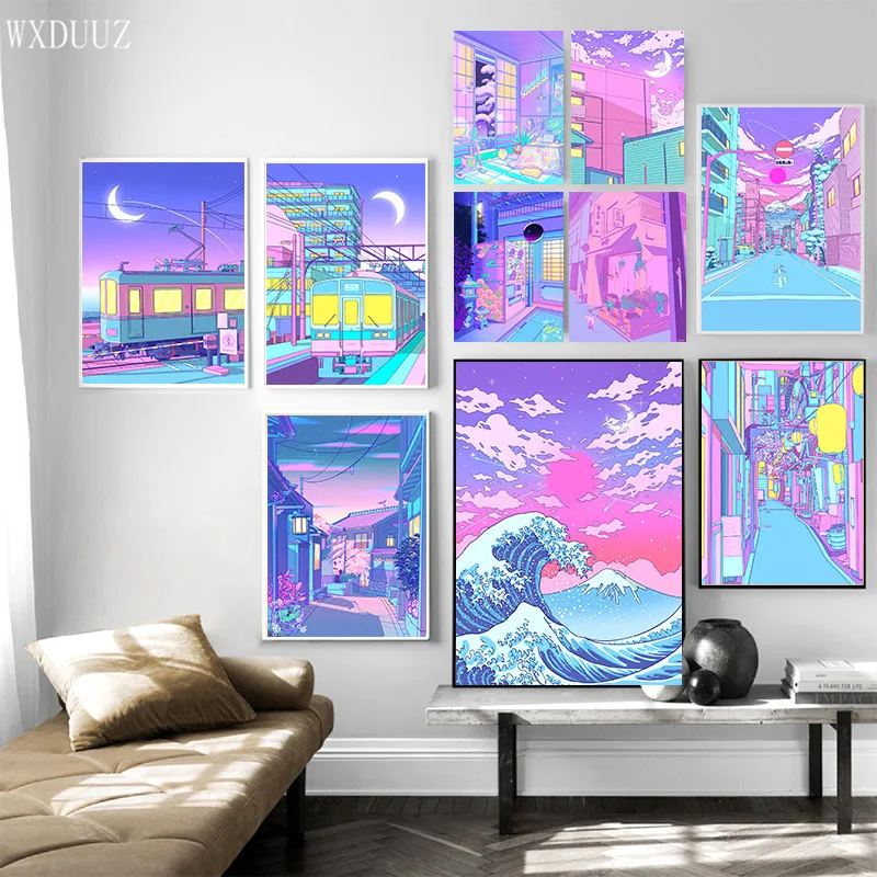 Neon Night City Street Poster Vaporwave Moon Illustration Decoration Painting Wall Art Home Kids Kawaii Room Decor Canvas | Дом и сад