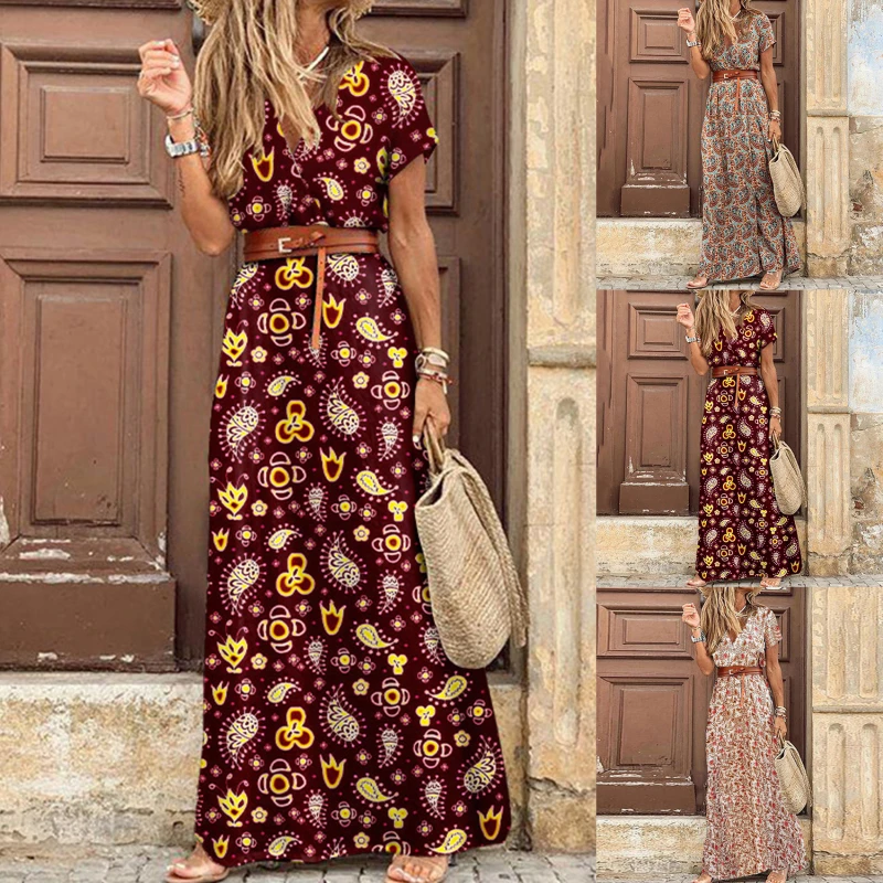 

Fashion Boho Long Dress Women V Neck Short Sleeve Print Belt Ladies Elegant Dress Large Hem Beach Long Dress
