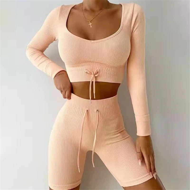 

Seamless Yoga Set Women Crop Top Long Sleeve High Waist Shorts Tracksuit Workout Outfit Fitness Shorts Sport Suit Gym Wear Gym
