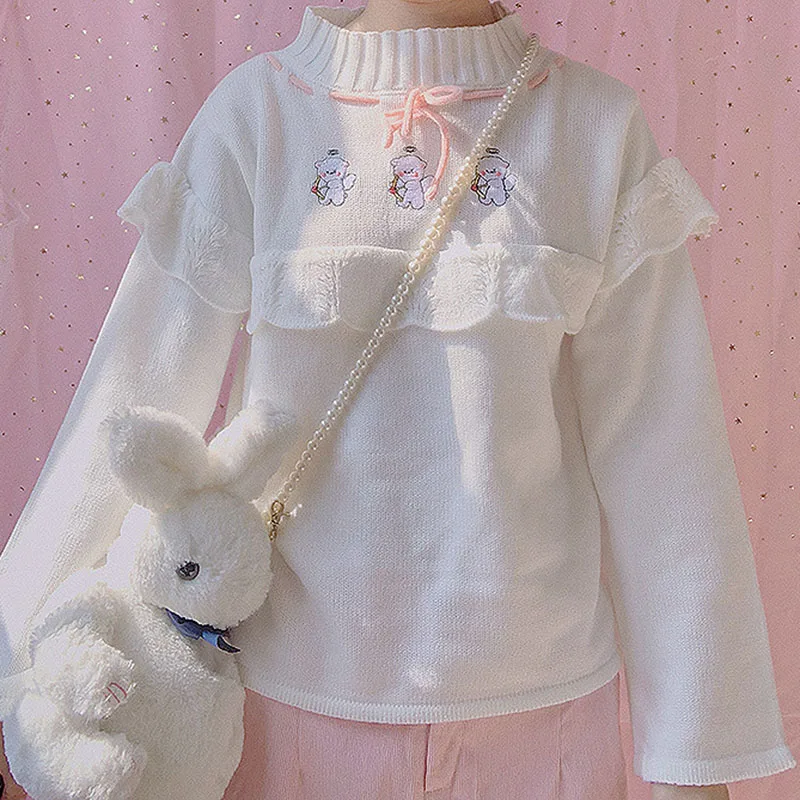 Japanese Cute Girls knit Sweater Women Kawaii Lace Embroidery Turtleneck Knitted Pullovers Winter Preppy Style Loose Jumper Tops |