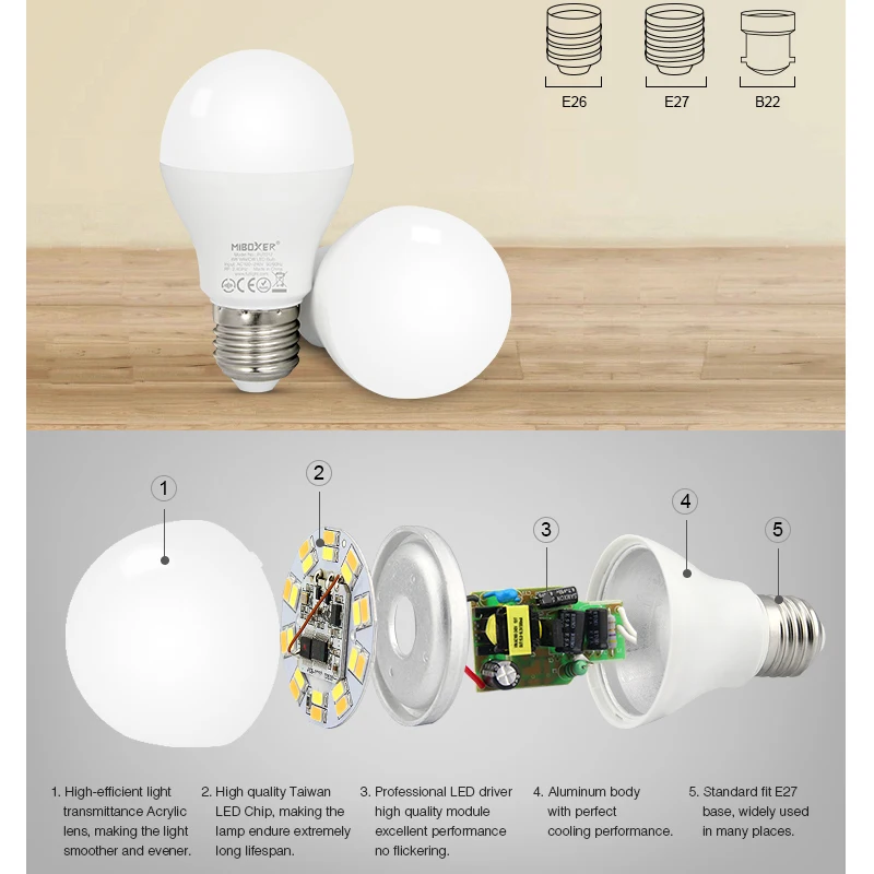 

Miboxer 6W 9W E27 Dual White LED Light Bulb FUT017 FUT019 AC110 220V 2.4G WiFi remote control Smart indoor lamp