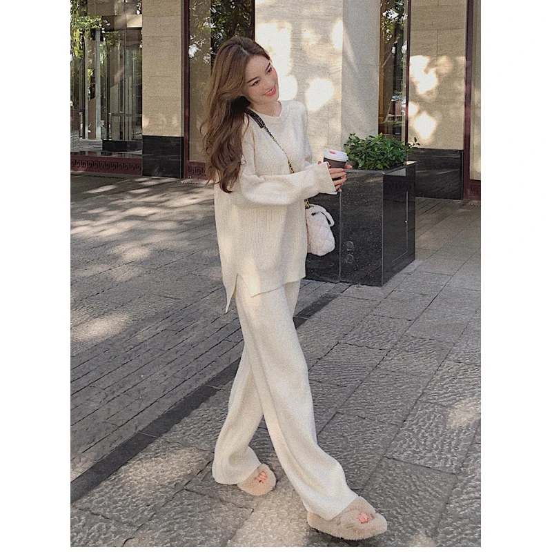 Two Piece Set Knit Straight Pants Suit Pullover Sweater Knit Tracksuit Women High Waist  Spring Autumn Clothes Floor Pants
