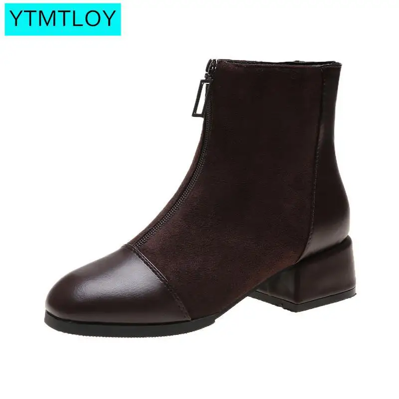 Black Brown Western Ankle Boots Women PU Leather High Heel Booties Heels Short Motorcycle Shoes Ankle Boots For Women - Цвет: Brown