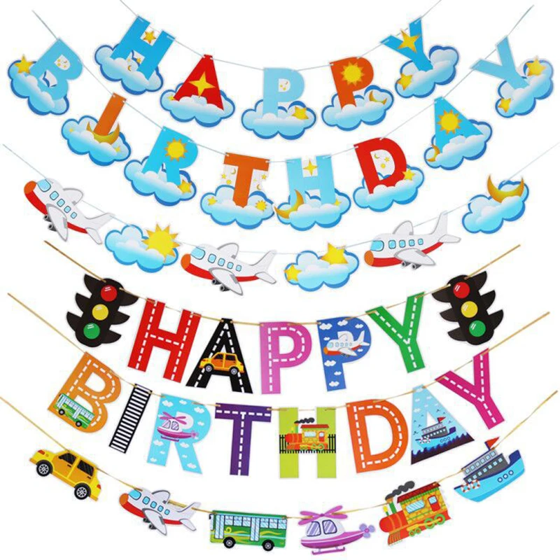 

Happy Birthday Cartoon Banner Traffic Light Transportation Banner Baby Birthday Party Decorations Car Airplane Banner Decor
