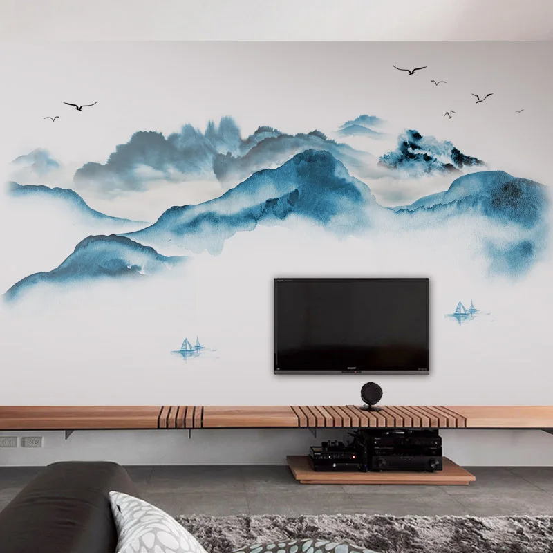 

Chinese Style Wall Stickers Large Retro Landscape Ink Painting Wall Decal Living Room Bedroom Home Murals Art Wallpaper