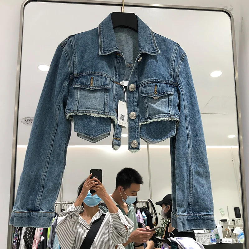 

StreetWear Short Coat Denim Jacket for Women 2021 Spring New Fashion Splicing Slim Fit High Waist Female Crop Tops Jean Jacket