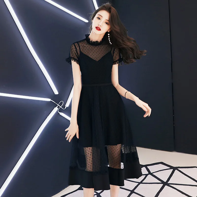 

Привлекательная Женская кружевная юбка в сеточку, элегантное Цветочное платье-трапеция с коротким рукавом и воротником, прозрачное повсед...