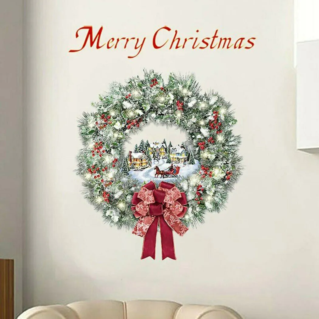 

1pc Wall Window Stickers Merry Christmas Gift Xmas Decals Art Home Shop Decor Wreath PVC Double-sided Visual Design 20x30cm