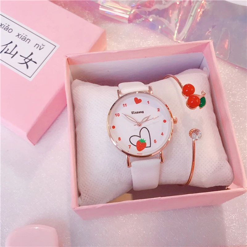 Часы на девочек с рисунками Клубнички люблю детей наручные часы кожаным ремешком