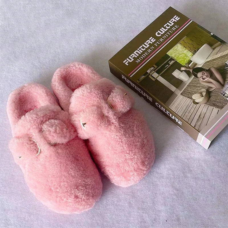 2021 Ladies New High Quality 100% Wool Slippers Fur Flat Shoes Household  Fur Slippers Wool Fur Ladies Flat Shoes