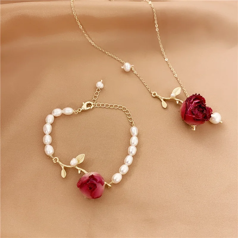 

French Retro Temperament Flower Real Freshwater Pearl Bracelet Necklace