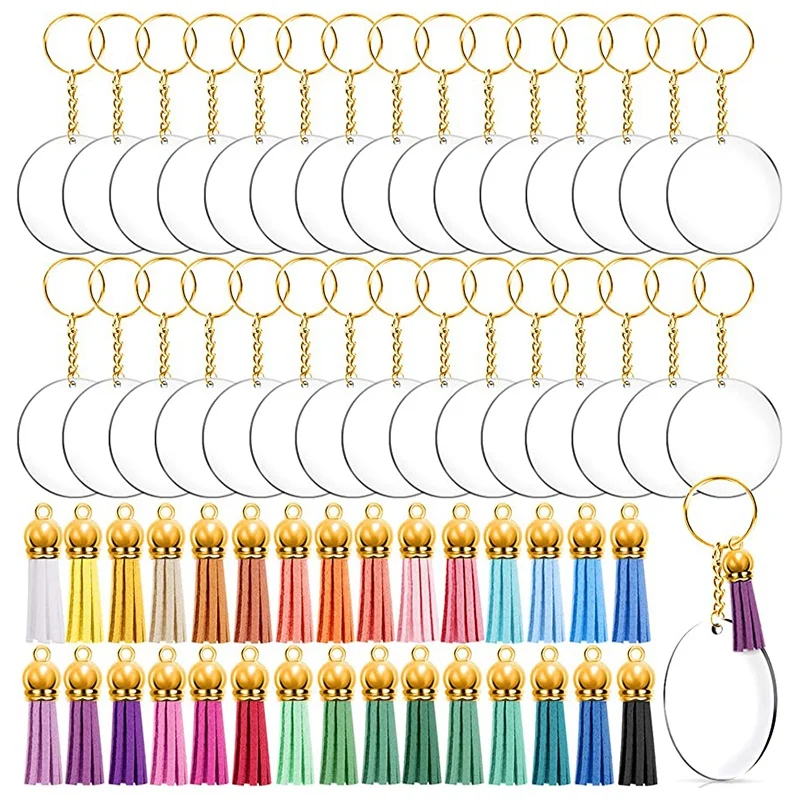 

Новый 120 шт. акриловый брелок заготовок ремесло с кисточками комплект, включающий в себя 30 шт. брелок с прозрачным окошком Blanks футболки для д...