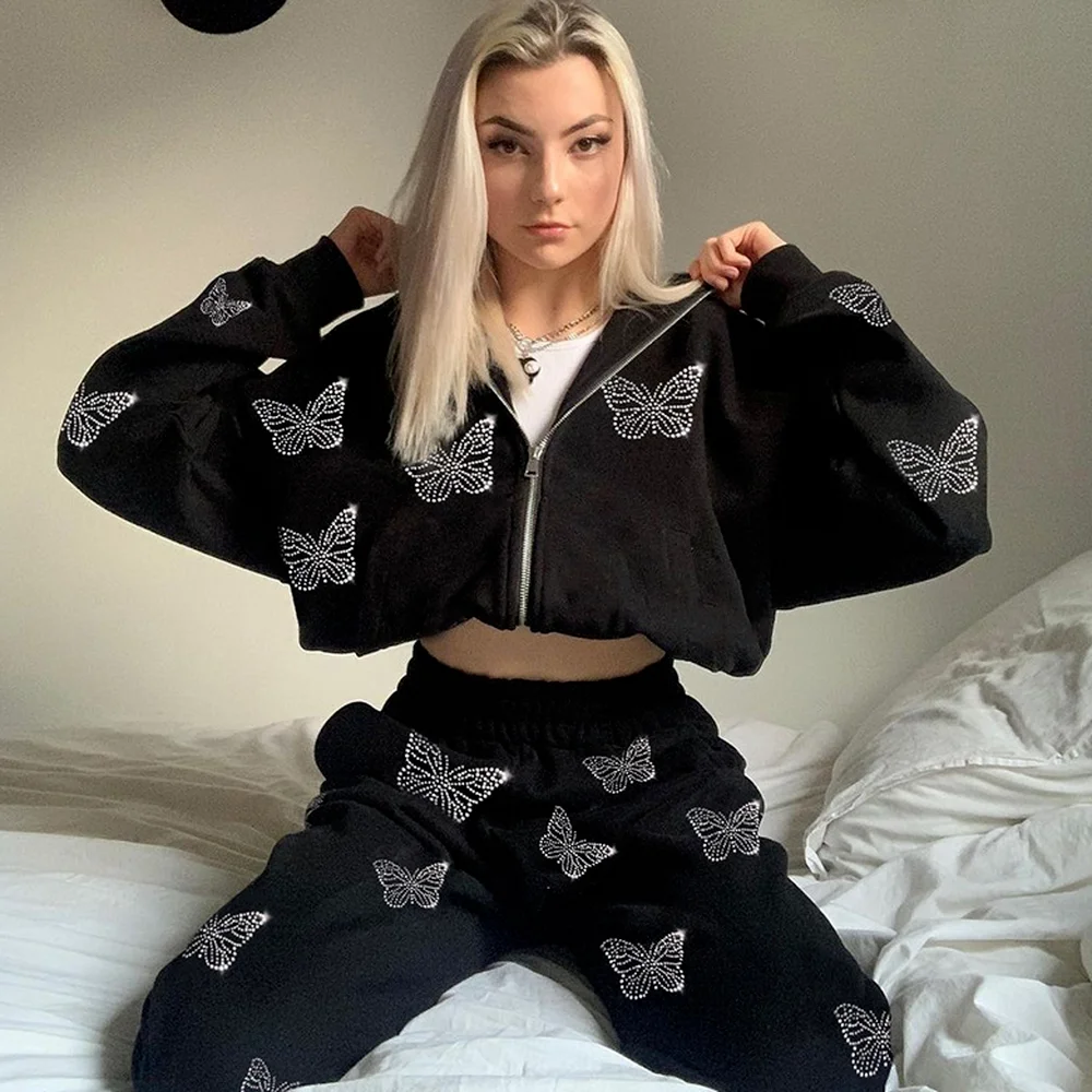 

Y2K Oversized Two Piece Set Pink Wome Butterfly Print Rhinestone Tracksuits E-girl Zippper Hoodies Sweatpants Co-ord Set Autumn