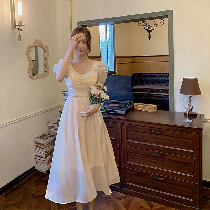 

Short Sleeve Elegant Dress Women Square Collar Chiffon Vintage Dress Evening Party Dress Females Korean Style 2021 Summer Fairy