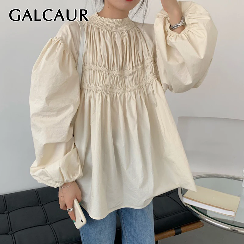 

GALCAUR Vintage Shirt For Women Round Collar Puff Sleeve Solid Fold Pleated Solid Minimalist Loose Blouses Female Clothing 2021