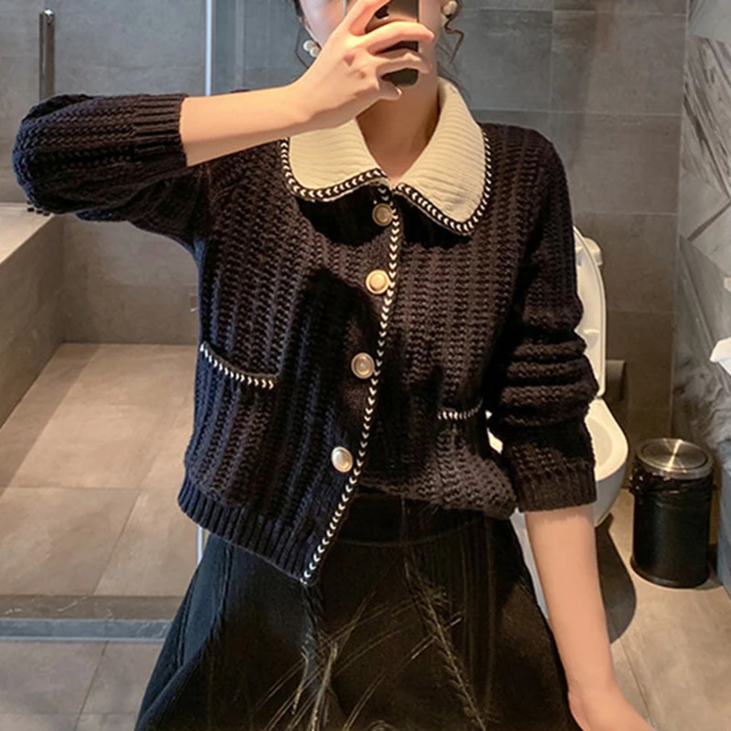 Single Breasted Navy Cardigan Mujer 2020 Autumn Winter Vintage Turn-down Collar Long Sleeve Sweater Women |
