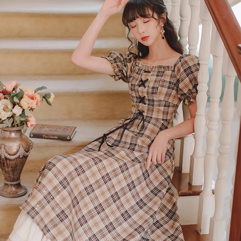 

Laid Puff Sleeve High Waist Dress Female Spring Summer New French First Love A-line Skirt Niche Square Neck Retro