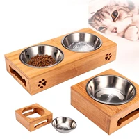 double single dog bowls for pet puppy stainless steel bamboo rack food water bowl feeder pet cats feeding dishes dogs drink bowl