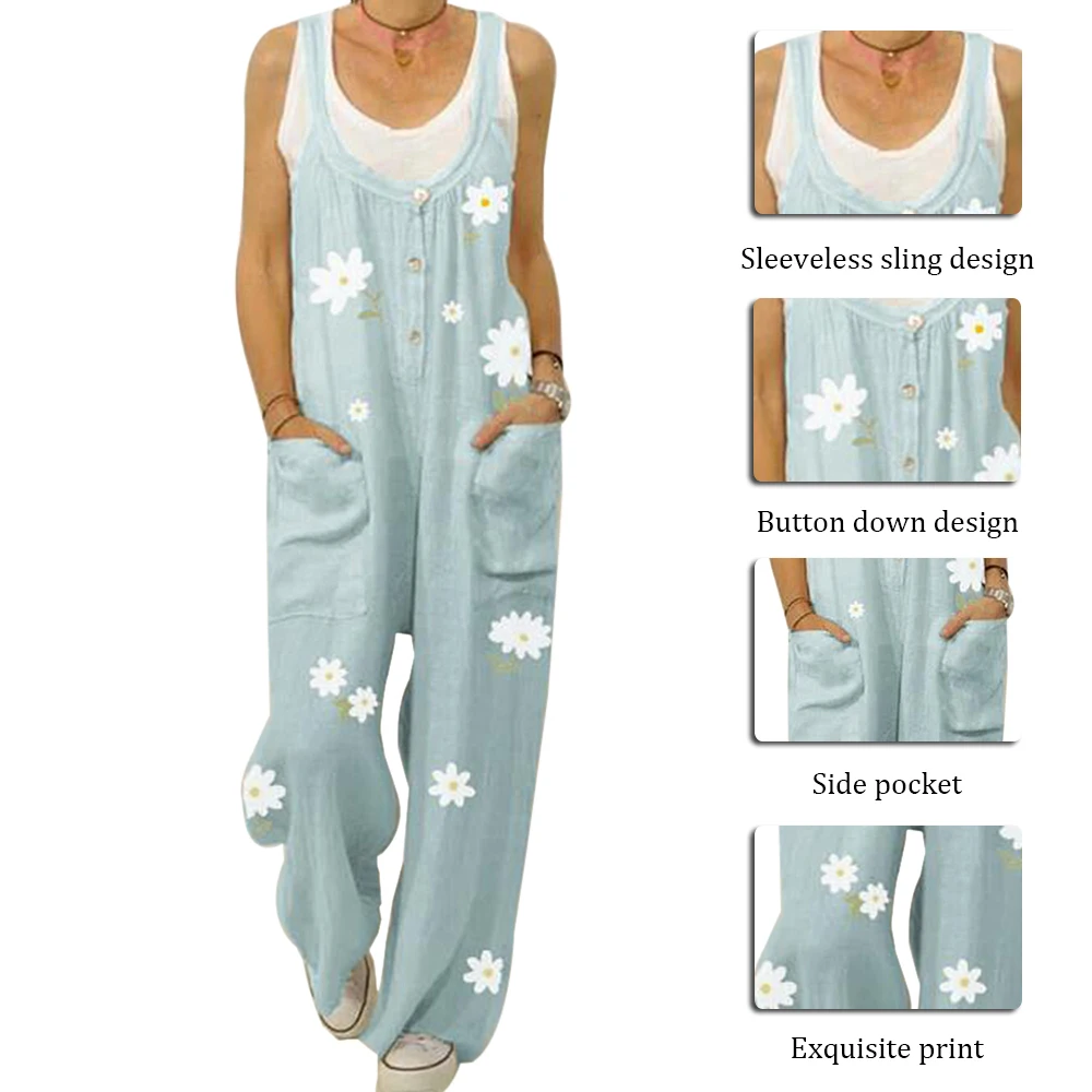 

HEFLASHOR Women Jumpsuit Female Printed Vintage Flower Womens Jumpsuit Sleeveless Bib Overall Backless Floral Print Jumpsuit