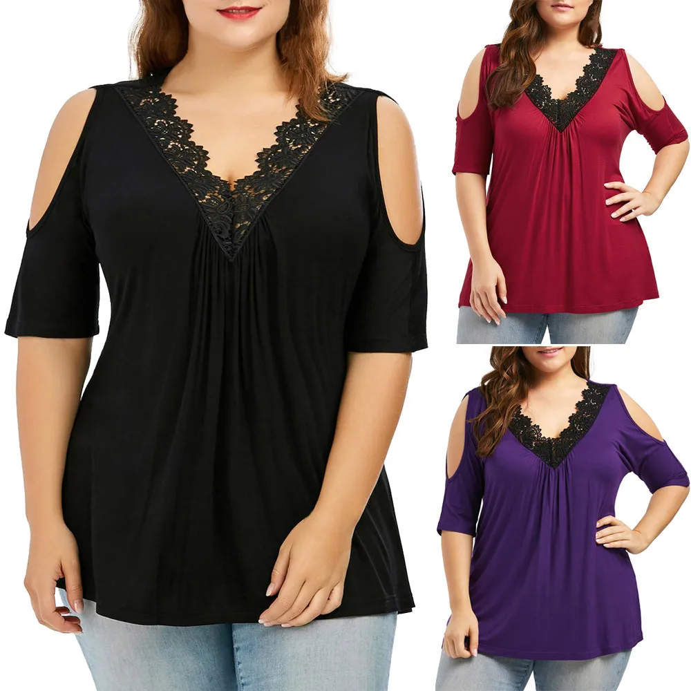5XL Big Size Summer Cold Shoulder Shirts Fashion Womens blusas Plus Lace Trim V Neck Strapless Tops Blouse |