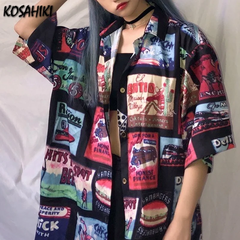 

KOSAHIKI Харадзюку уличная одежда Блузка для женщин, Ретро стиль, с рисунком, с короткими рукавами, повседневные футболки 2021 японский Стиль своб...
