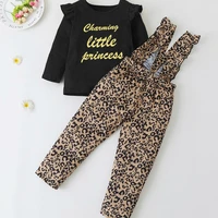 new fashion toddler girl clothing set letter long flying sleeve t shirt topleopard print long overalls fall kids clothes 1 6y