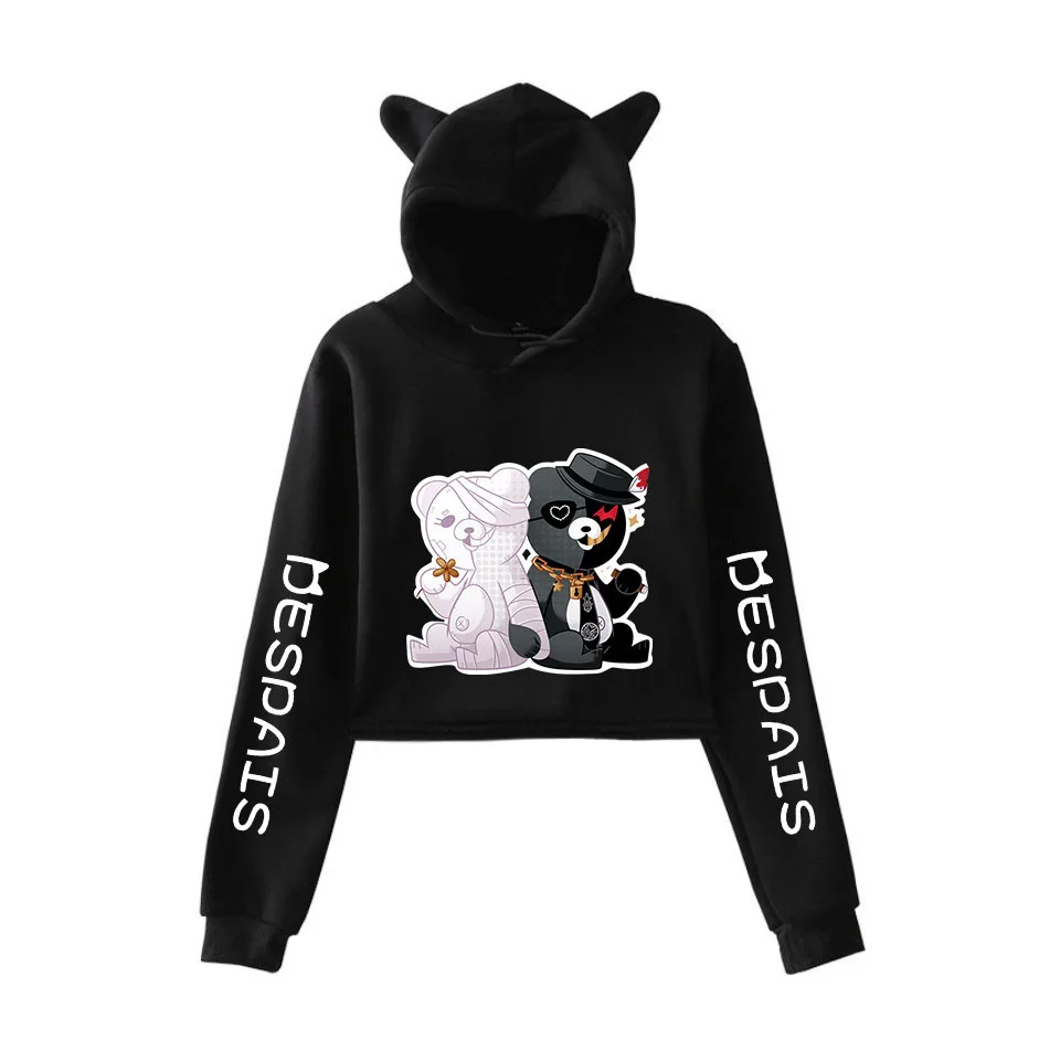 Sudadera corta con capucha de oso Danganronpa, ropa de calle Kawaii con orejas de gato, color blanco y negro, de Anime