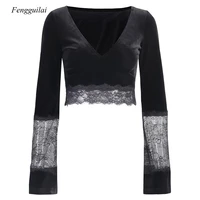 sexy women gothic crop top flare long sleeve lace hollow out black t shirt retro bodycon female v neck tops elegant top