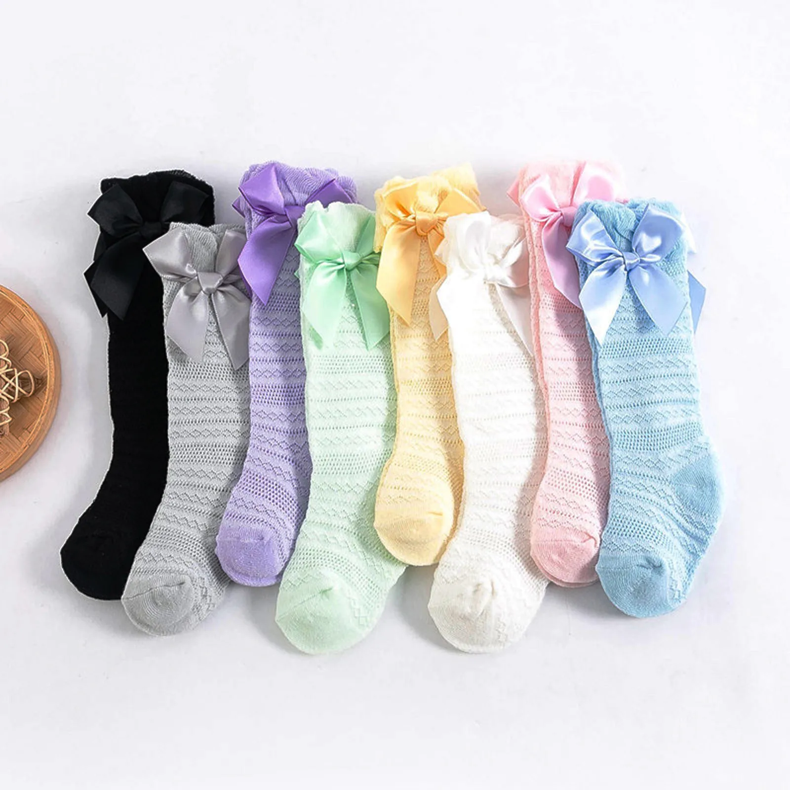

calcetines Toddlers Combed Cotton Horizontal Stripe Solid Color Mesh Baby Girls Bowknots Socks Summer для новорожденных E1