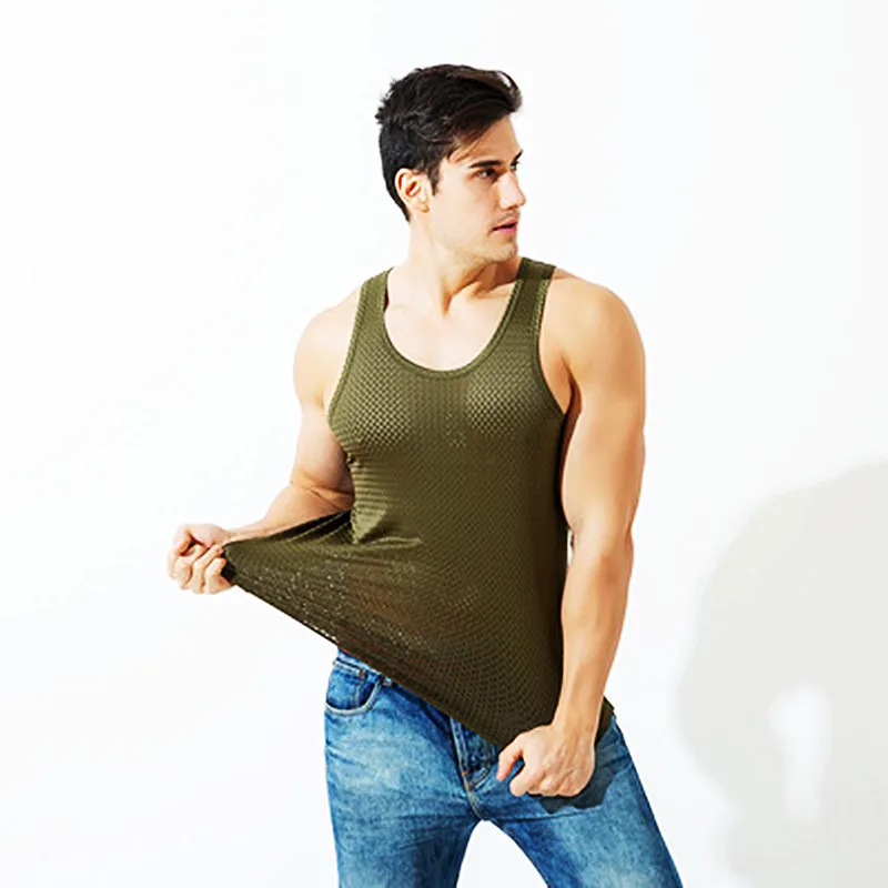 

Summermen's new ice silk mesh vest men's sports solid color sleeveless fitnesscomfortable silky breathable casual bottoming vest
