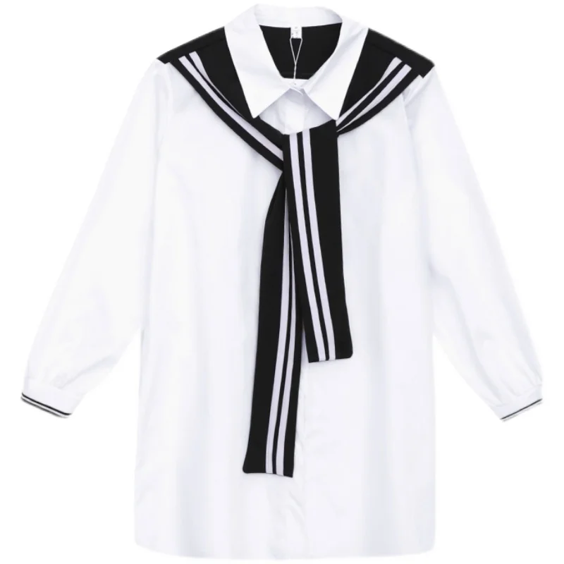 

2021 Korean Casual White Patchwork Fake Two Piece Women Blouses Spring 3XL Plus Size Office Top and Shirt Summer Vintage Blouses