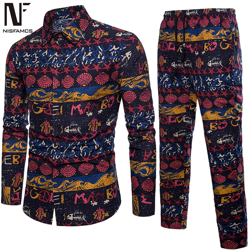 Set D Комплект с красочным принтом, мужской костюм для фитнеса 5XL, уличная одежда, Новое поступление, крутая Гавайская одежда, повседневная рубашка с цветочным принтом+ длинные штаны, комплекты, костюмы - Цвет: Set D