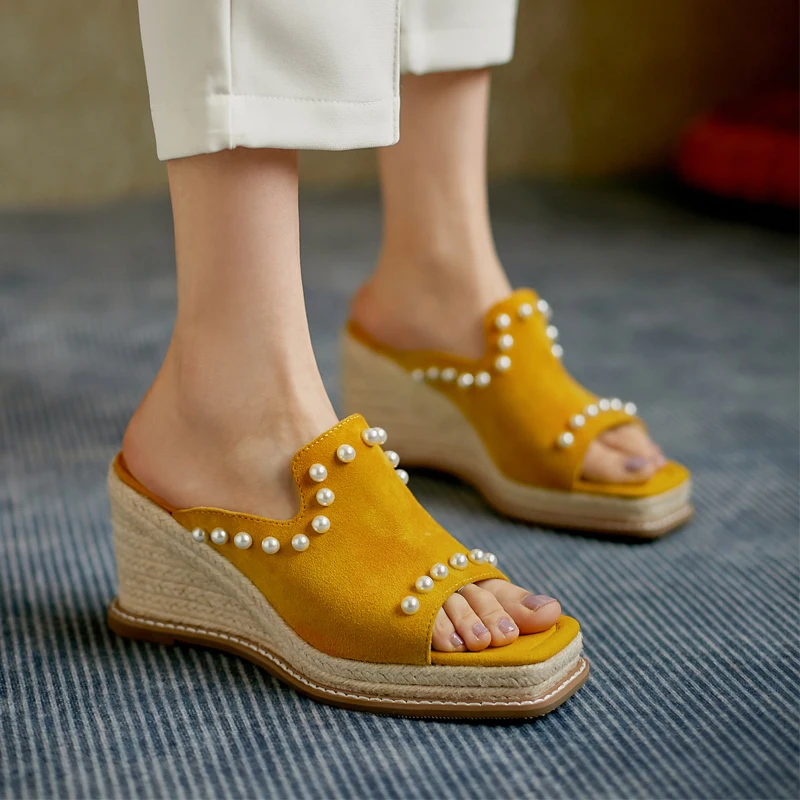 

Женские шлепанцы на танкетке, летние шлепанцы из натуральной кожи, соломенное плетение, римские пляжные шлепанцы, сандалии на высоком каблу...