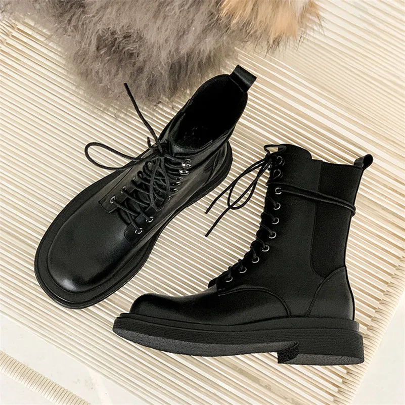 

Meotina Real Leather Ankle Boots Women Platform Med Heel Motorcycle Boots Lace Up Short Boots Chunky Heel Ladies Shoes Beige 40