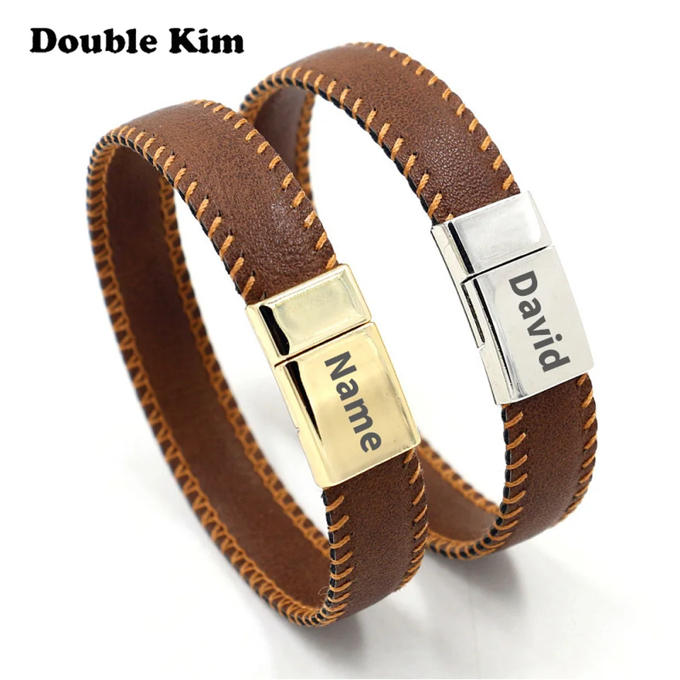 Мужской кожаный браслет на заказ из нержавеющей стали с гравировкой имени и