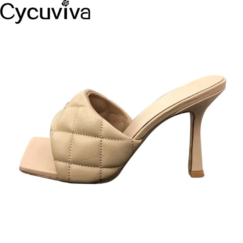 Сандалии женские с квадратным носком шикарные кожаные туфли ромбовидным на