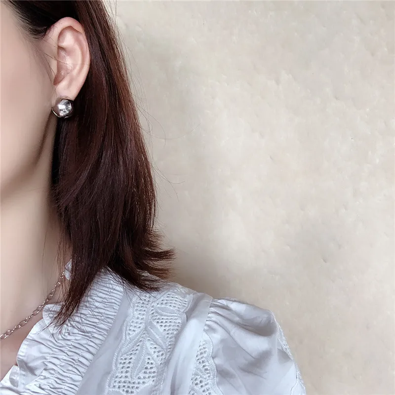 

POFUNUO Real 925 Sterling Silver Women Vintage Cool Ball Shape Ear Clips Original personality 18K Gold Pure Silver Niche Earring