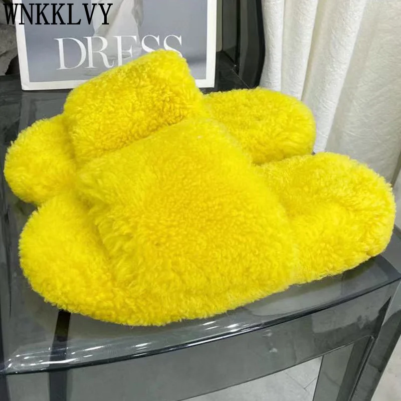 

Flat heel furry Slippers Women 2021 autumn winter new Thick Sole Open Toe wool flipflops Outdoor Comfortable Leisure Shoes