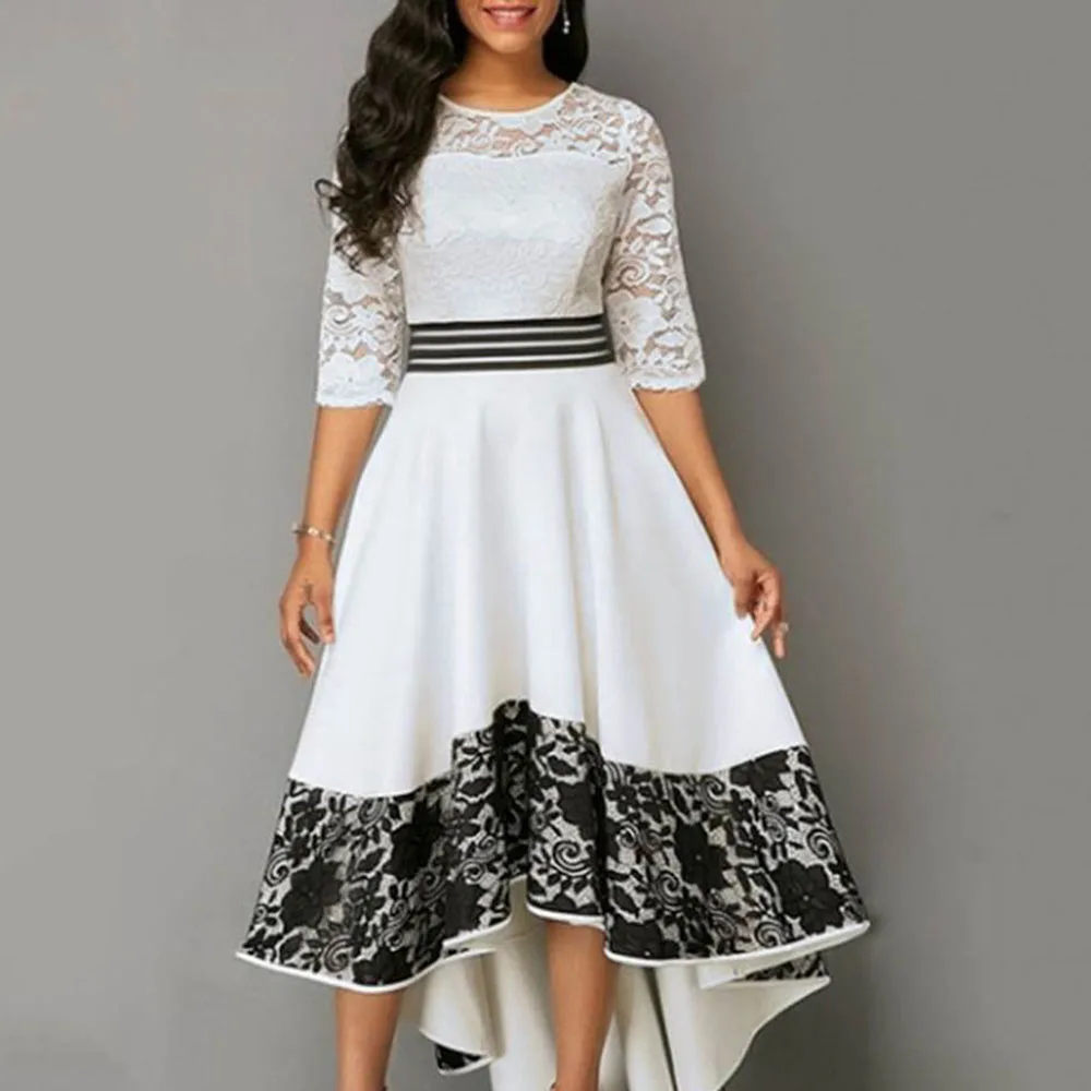 

2021 Summer Long Dress Sweet Temperament Commute White Mid-length Hedging Mid Waist Lace Printing Ladies Dress