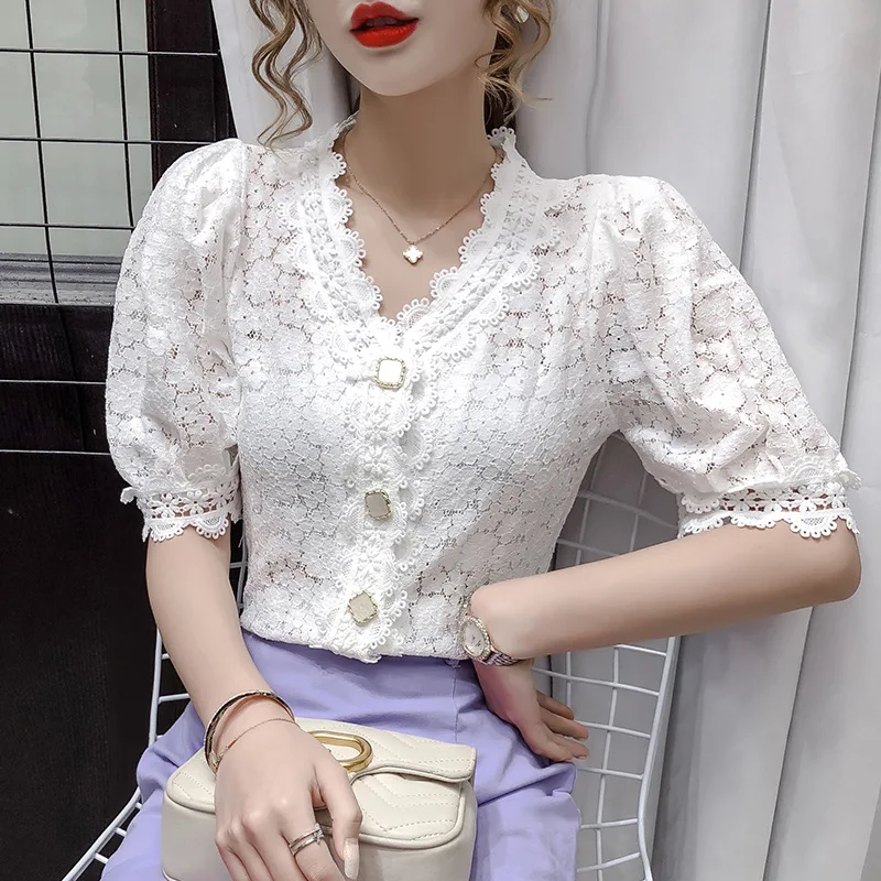 Белая фиолетовая желтая кружевная блузка топы рубашки для женщин v-образный