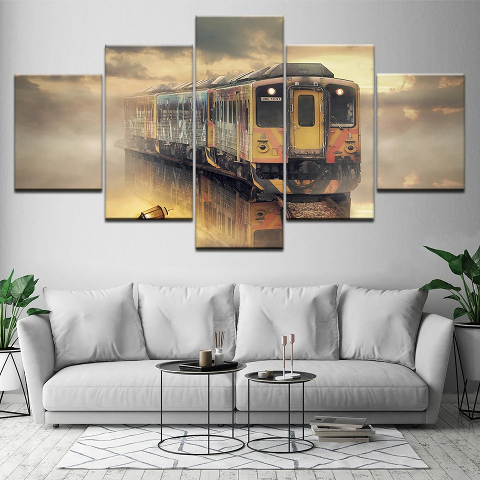 Модульный каркас современное настенное искусство 5 панелей поезд для гостиной