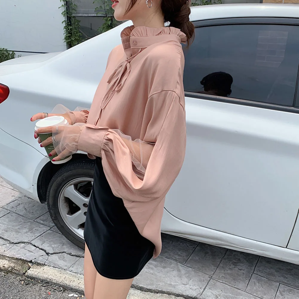 

Korean Version Japanese Blouse Spring Summer Fashion Temperament Loose Casual Lace Splicing Bandage Half High Collar Long Sleeve