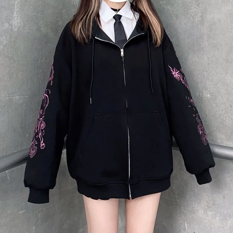 

Autumn Warm Women's Zip Up Sweatshirts Gothic Skull Crown Print Long Sleeve Oversized Pocket Women's Hoodies Streetwear Y2k