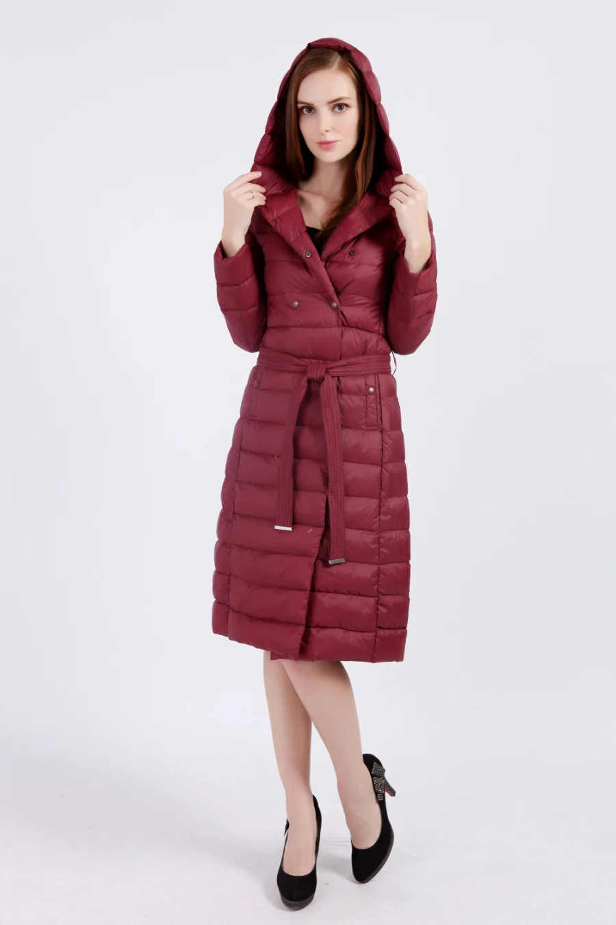 

Warm Light Long down Jacket With Belt New Fashion Winter Hooded Double Breasted Solid Color Coat For Women